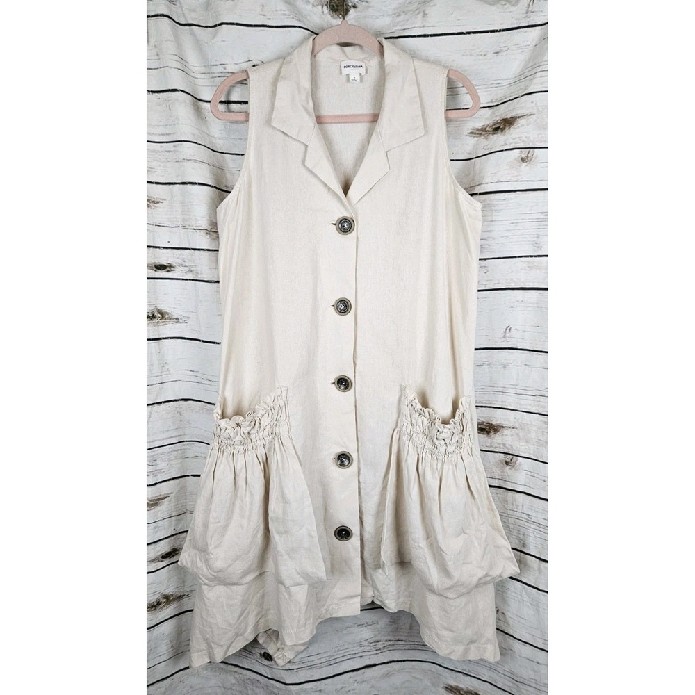 For Cynthia Ivory Linen Blend Shirt Dress L Tunic Womens Sleeveless Lagenlook